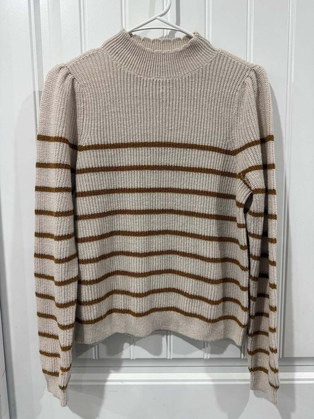 Garnet Hill Wool Linen Striped Puff Sleeve Mock Neck Sweater Medium Cozy - Picture 2 of 7